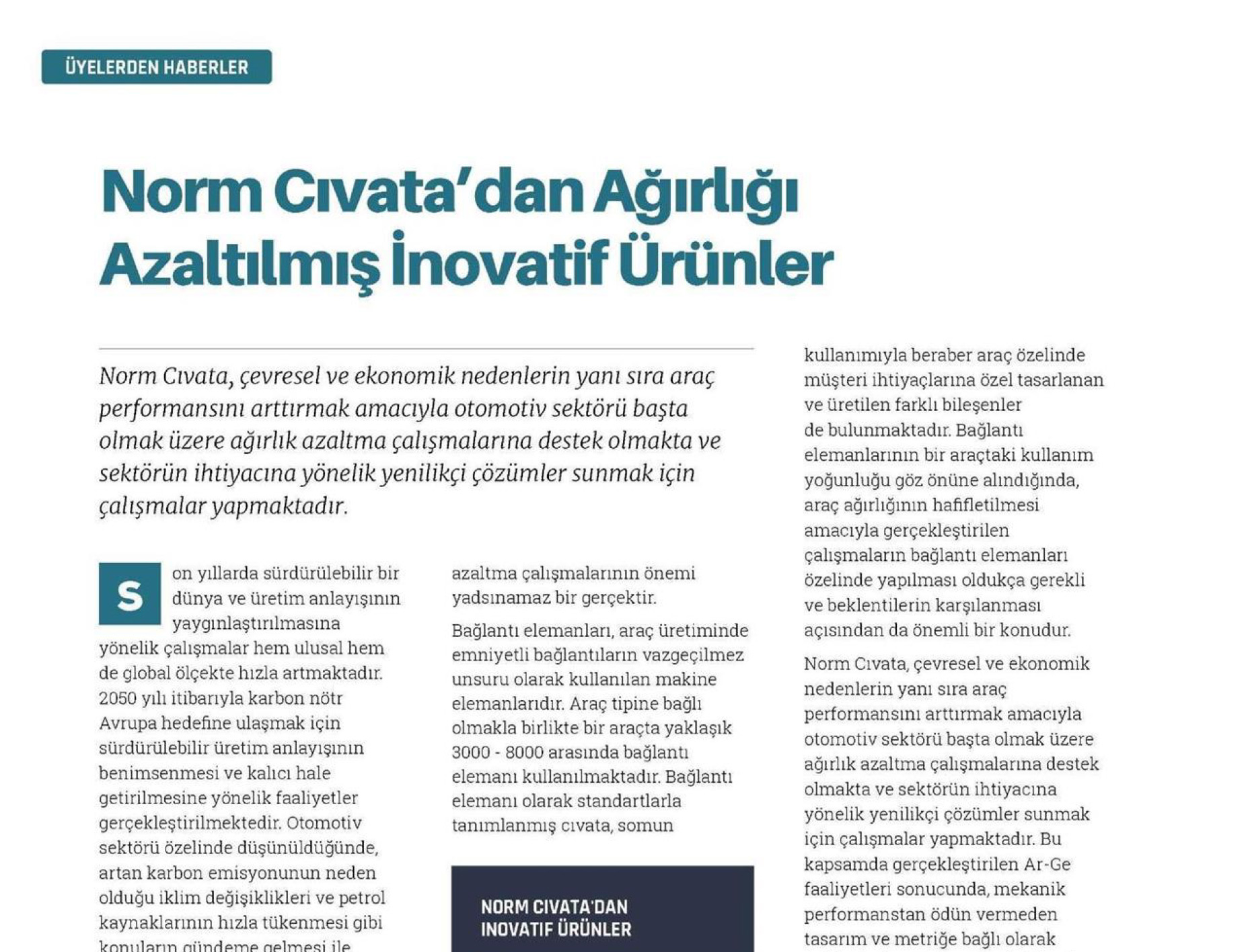 Norm Cıvata’dan Ağırlığı Azaltılmış İnovatif Ürünler