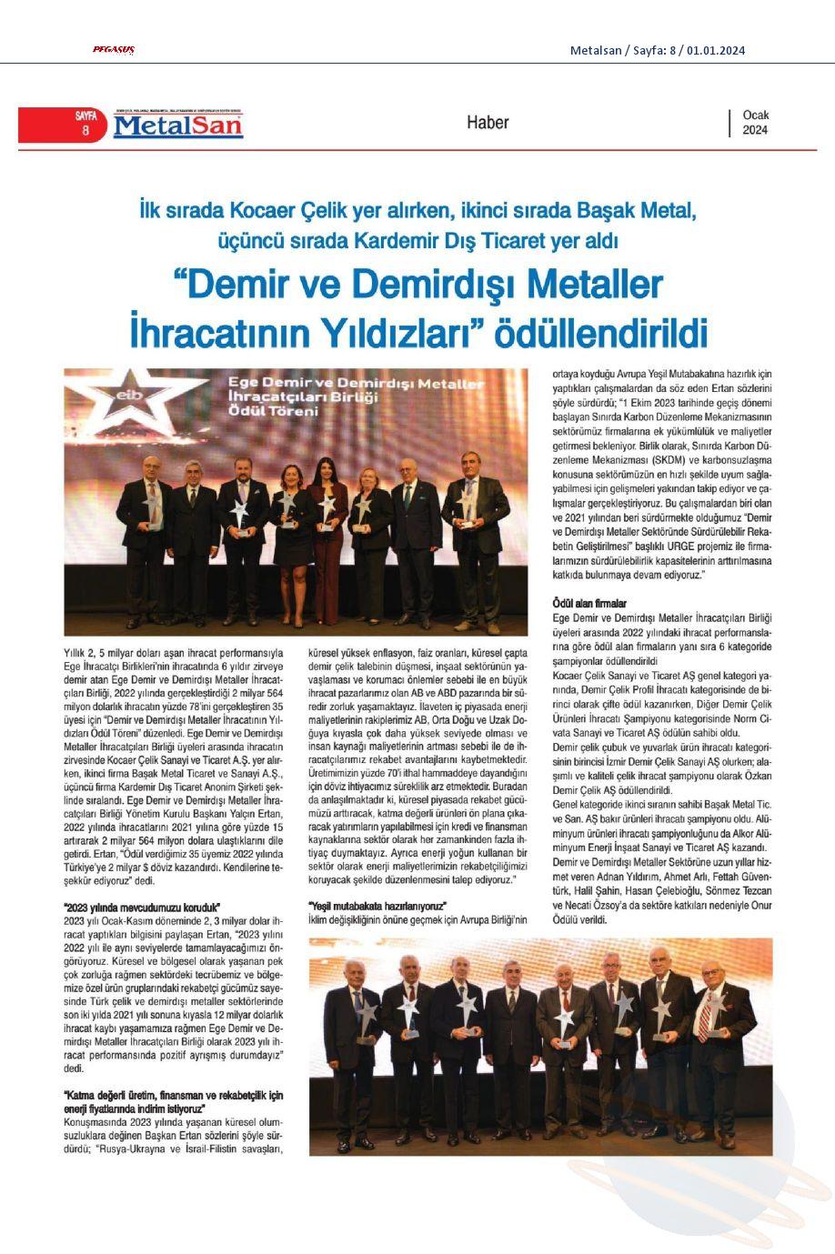 “Demir ve Demirdışı Metaller İhracatının Yıldızları” ödüllendirildi